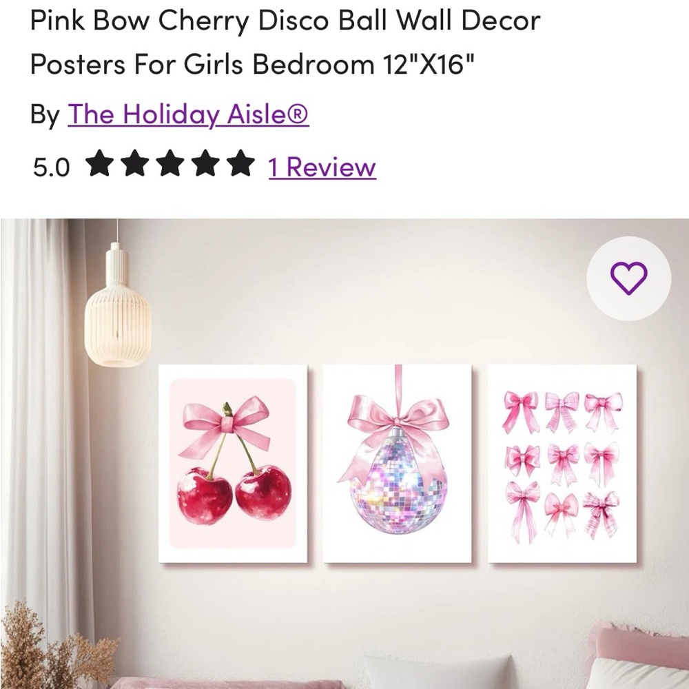 Pink Bow Cherry and Disco Ball Wall Art Set